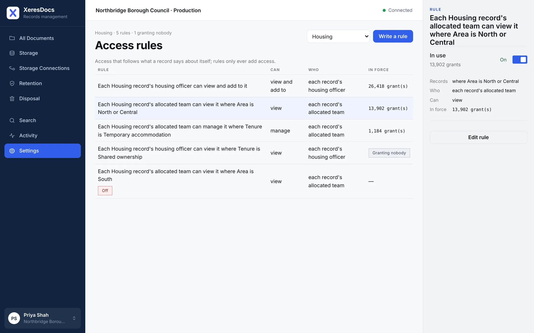 Access rules in XeresDocs, granting a team the records that name them.