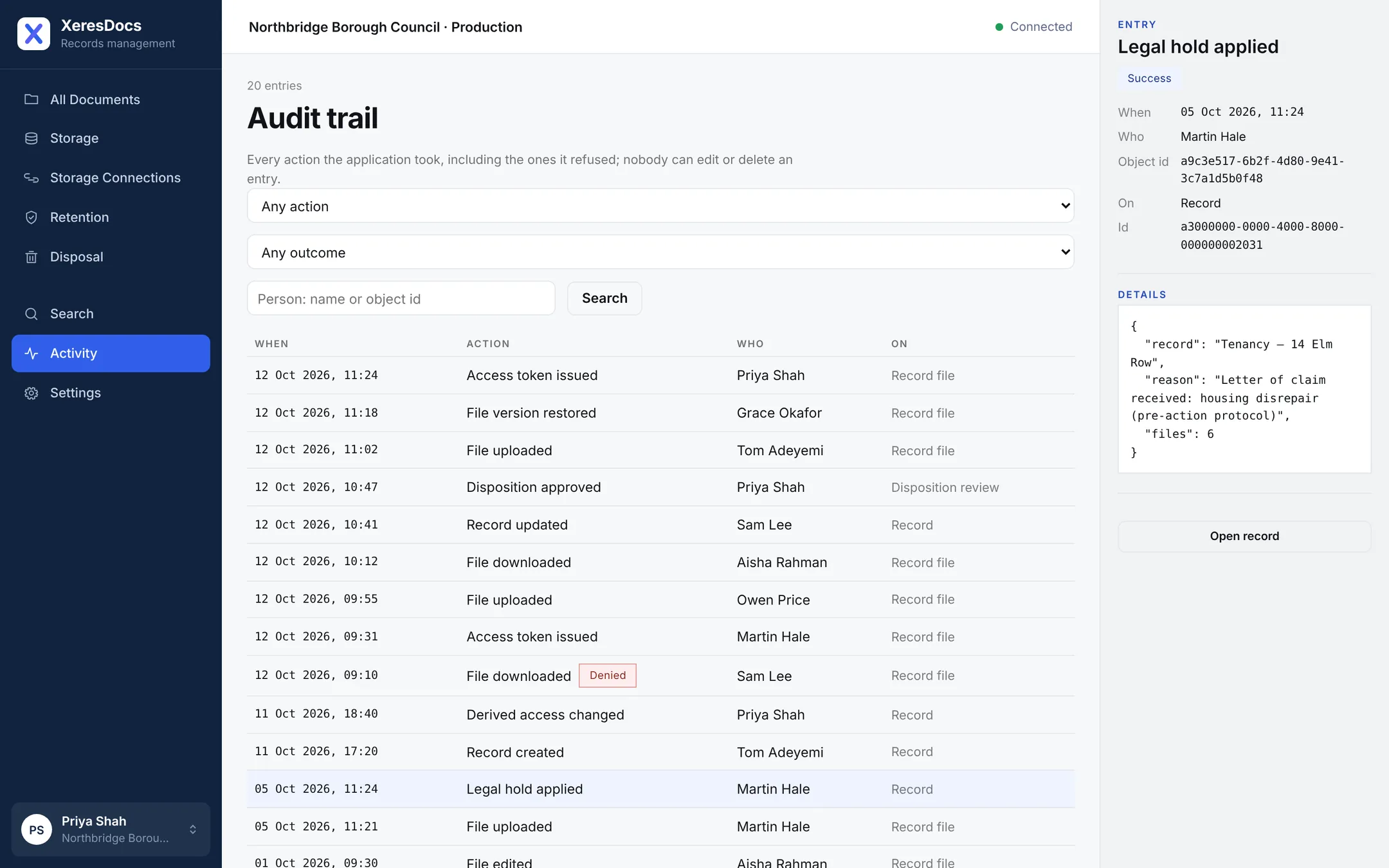 The audit trail, listing recent uploads, downloads, restores and approvals, with the legal hold entry open.