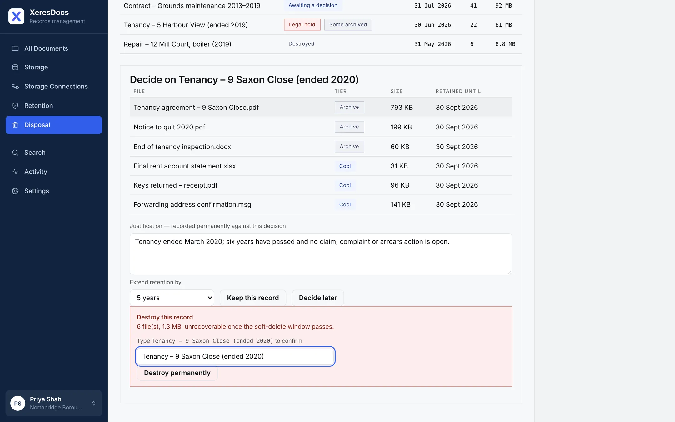 A disposal review in XeresDocs listing records that have reached their date.
