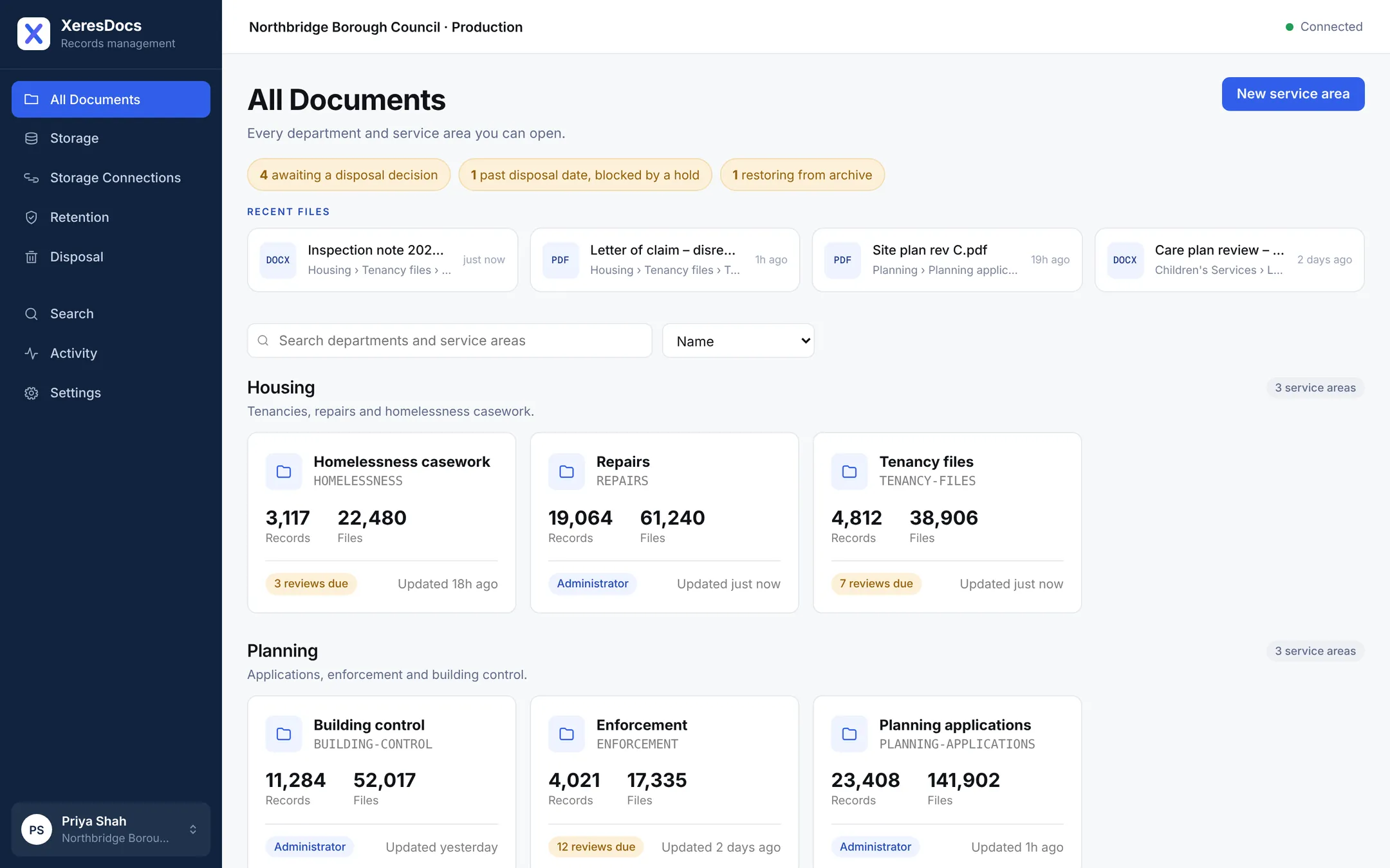 The XeresDocs home screen for Northbridge Borough Council, with work waiting, recent files and the Housing and Planning departments.