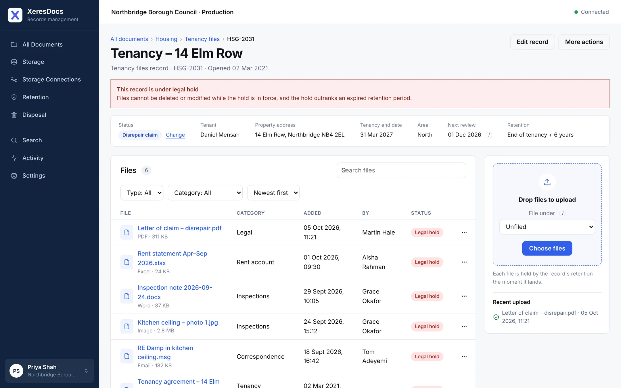 A housing record in XeresDocs, with its details, its files and the date it is kept until.