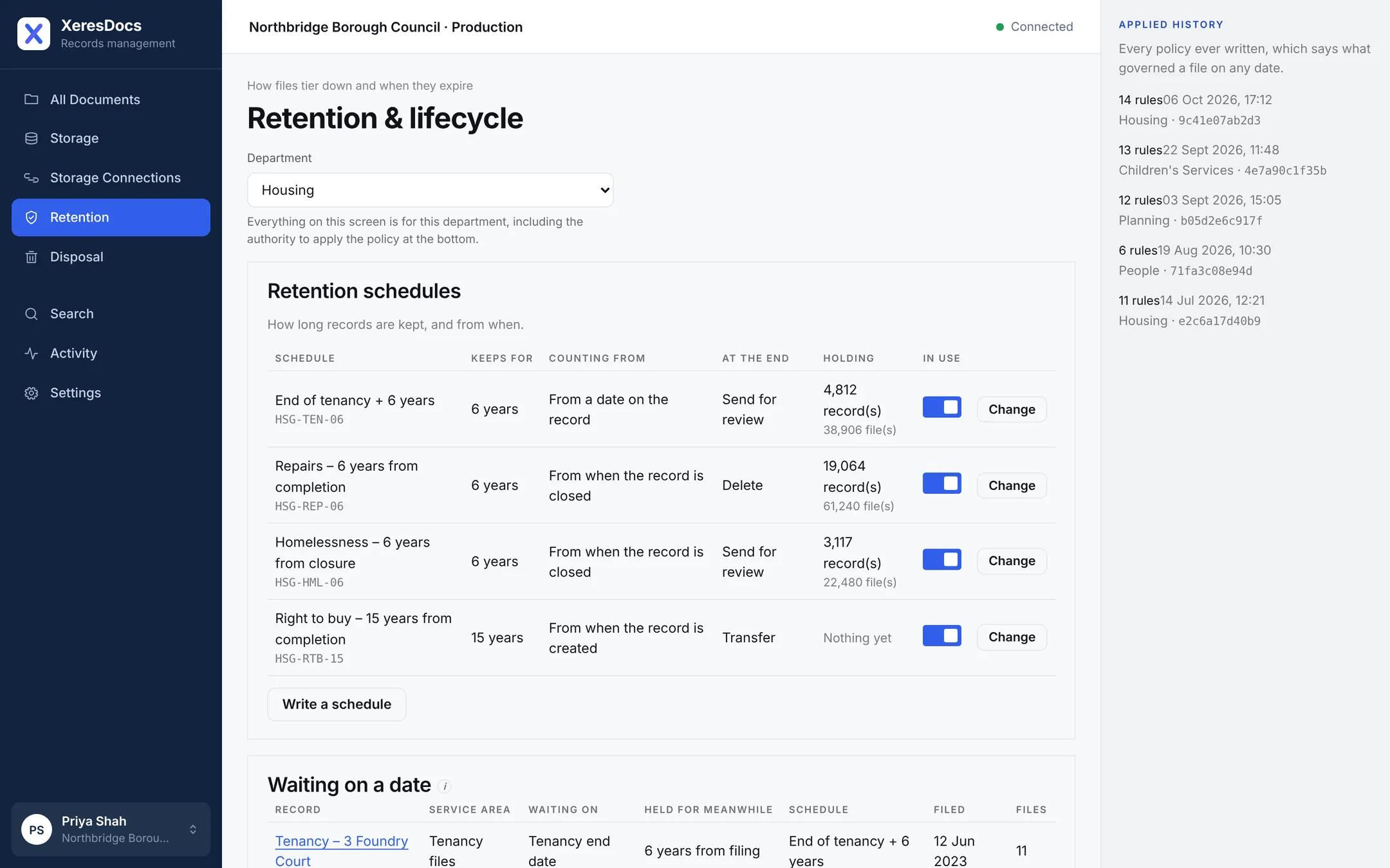 The Housing retention schedules, each with its term, what it counts from and what happens at the end.