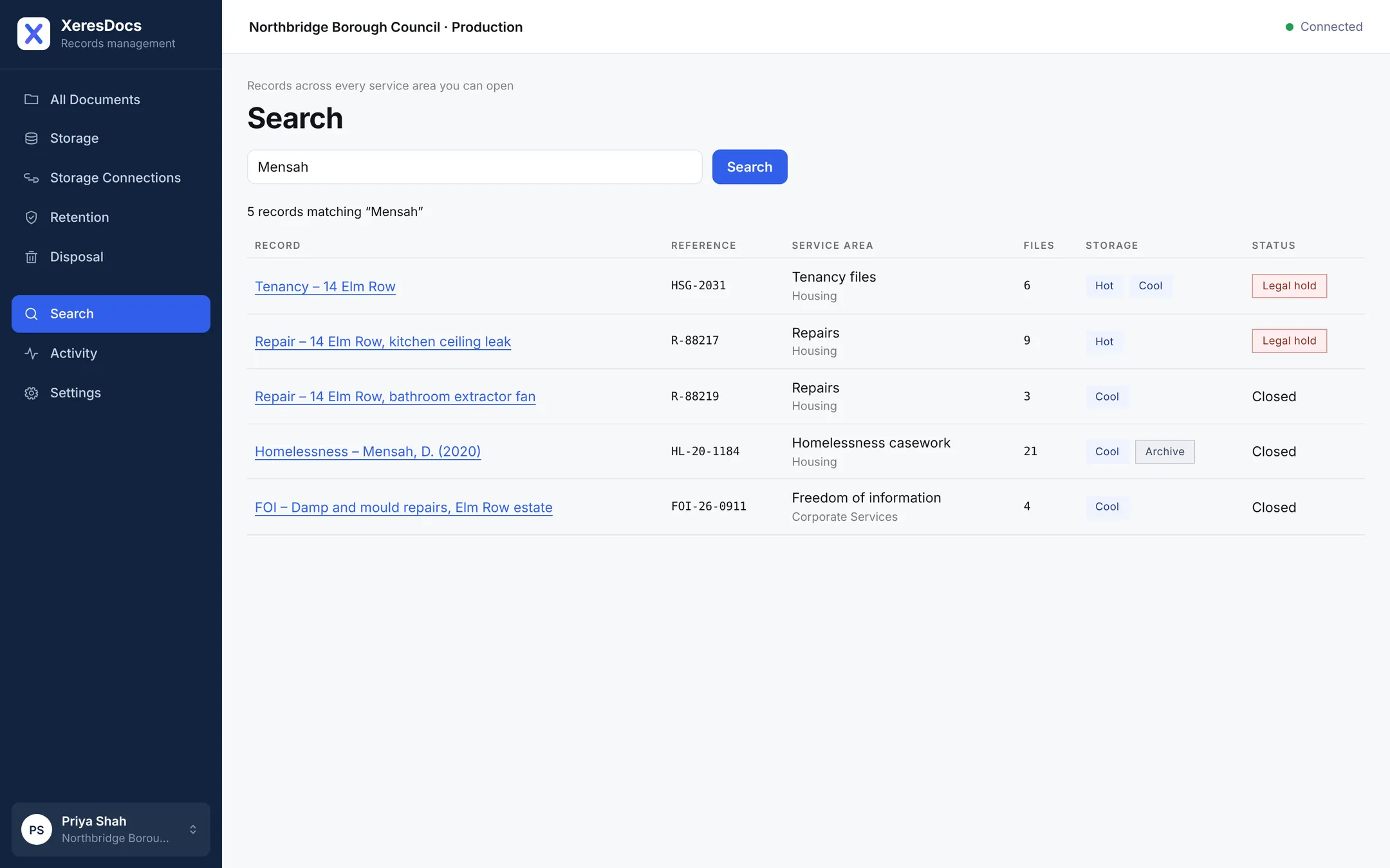 Search results in XeresDocs for a person's name, across several departments.