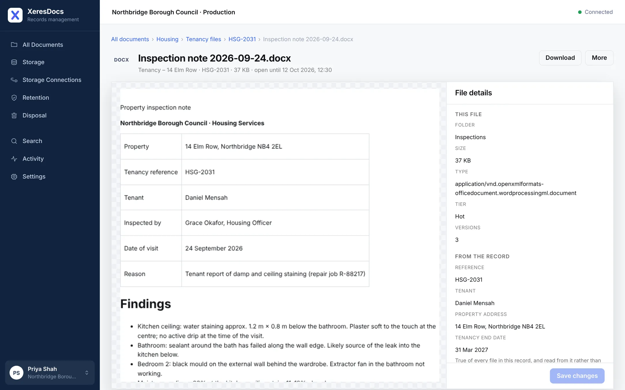 A Word document, a property inspection note, open in XeresDocs beside its file details.